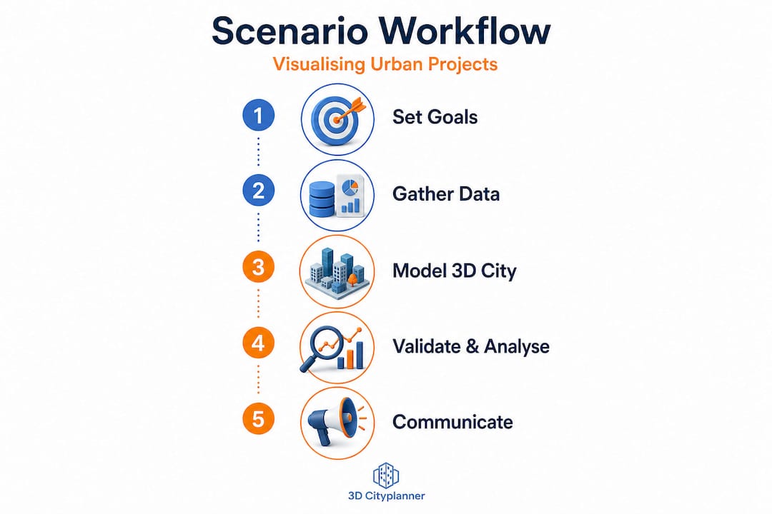 Infographic showing five step urban visualisation workflow