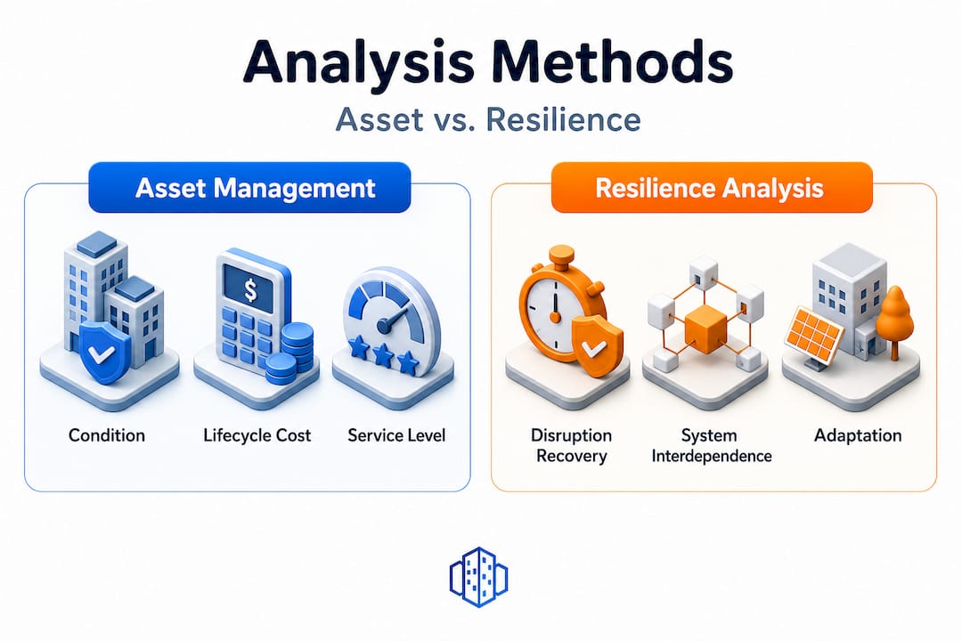Infographic comparing asset management and resilience analysis