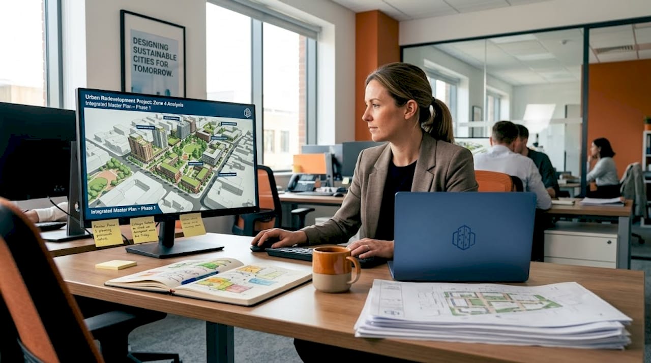 Architect using 4D simulation for planning