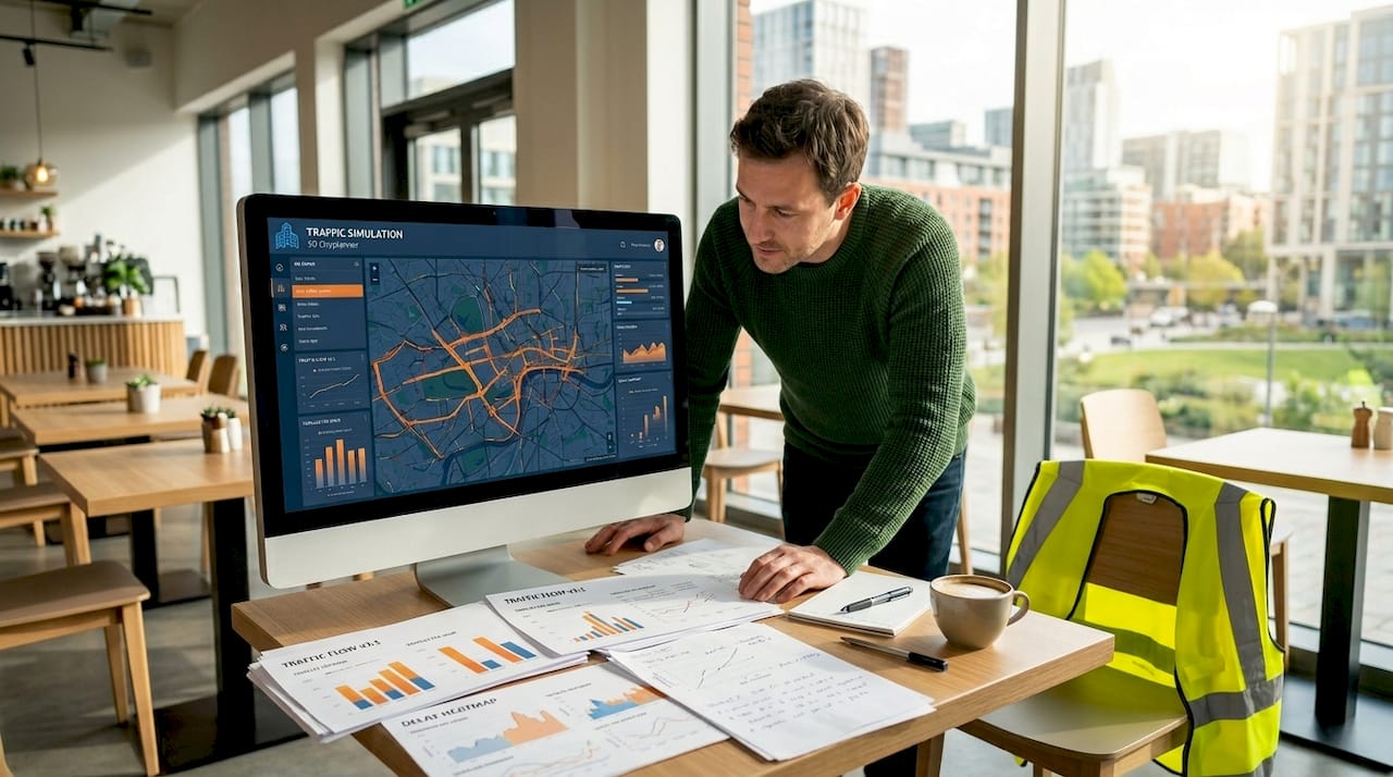 Engineer checks live traffic data versus simulation