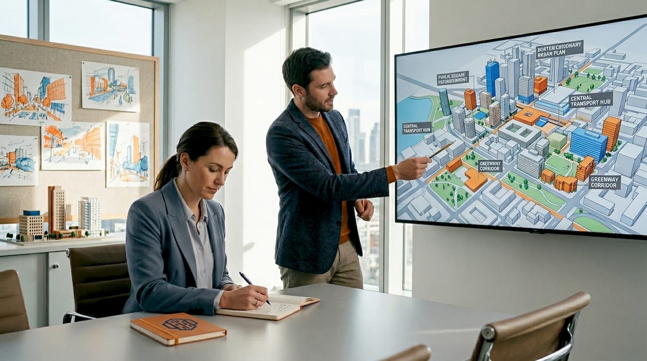 Team reviewing 3D city model in meeting