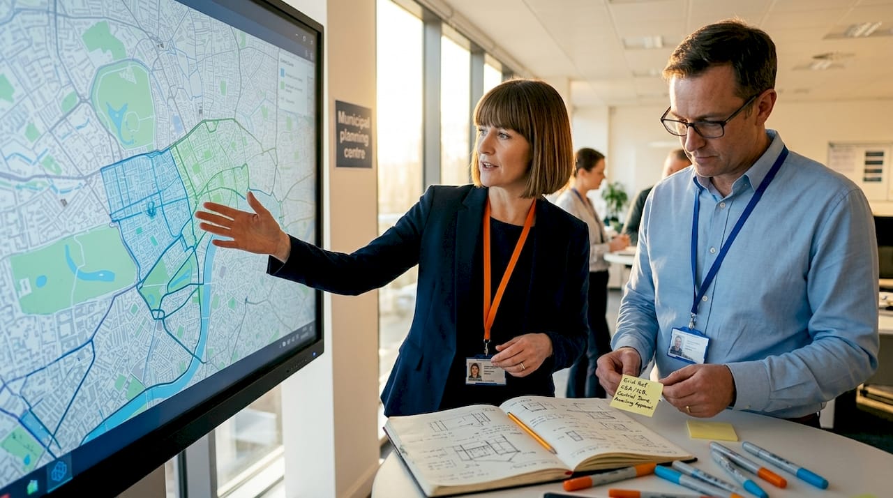 Specialists discuss spatial data at digital map