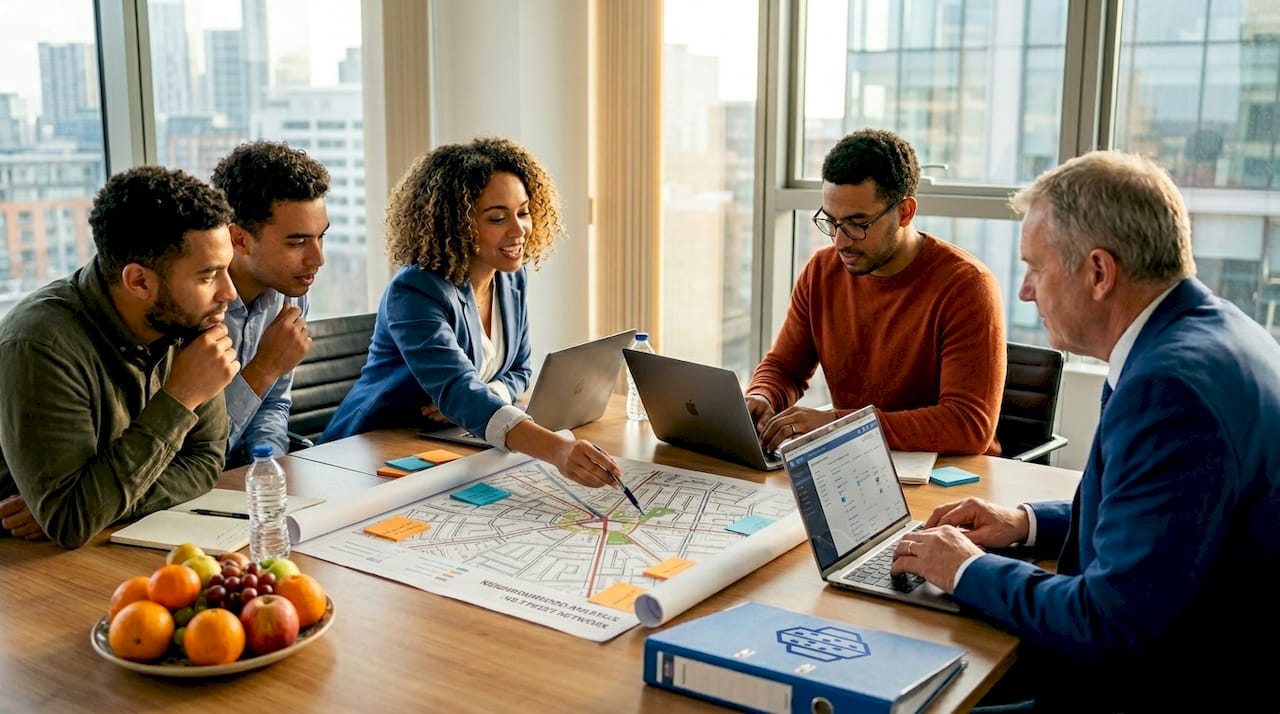 Team discussing urban plans around table