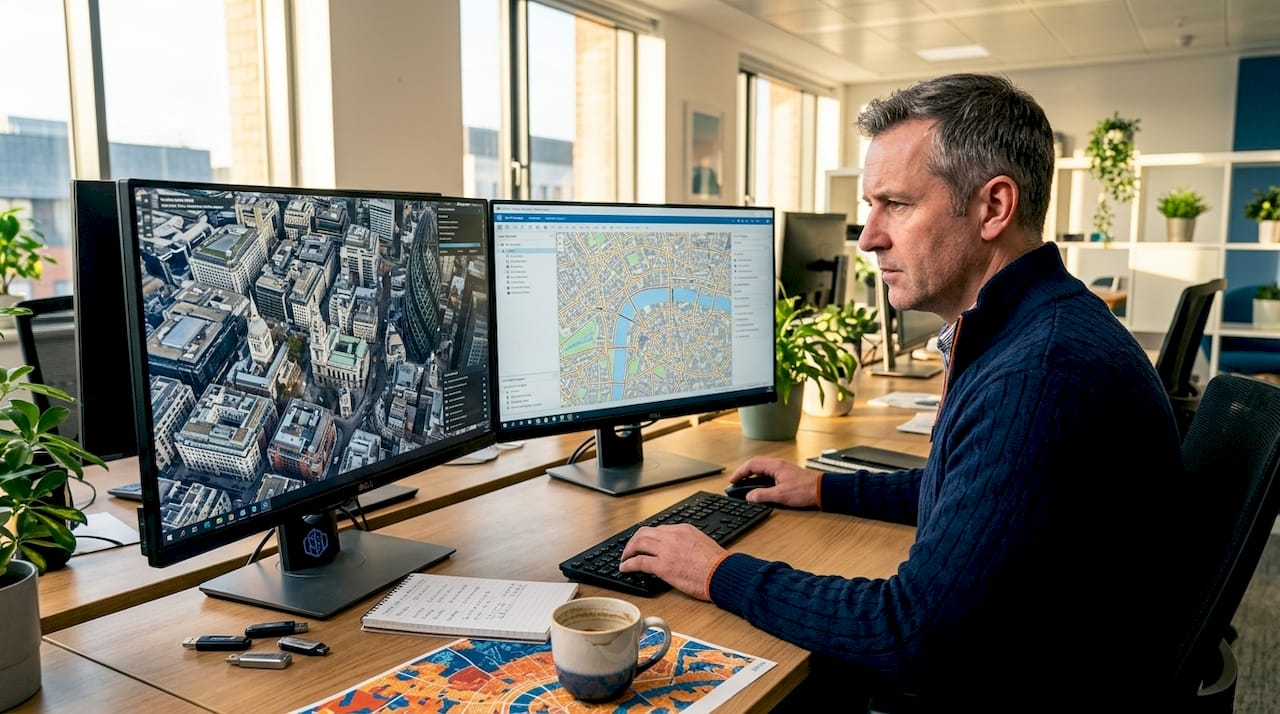 GIS technician reviewing aerial city imagery