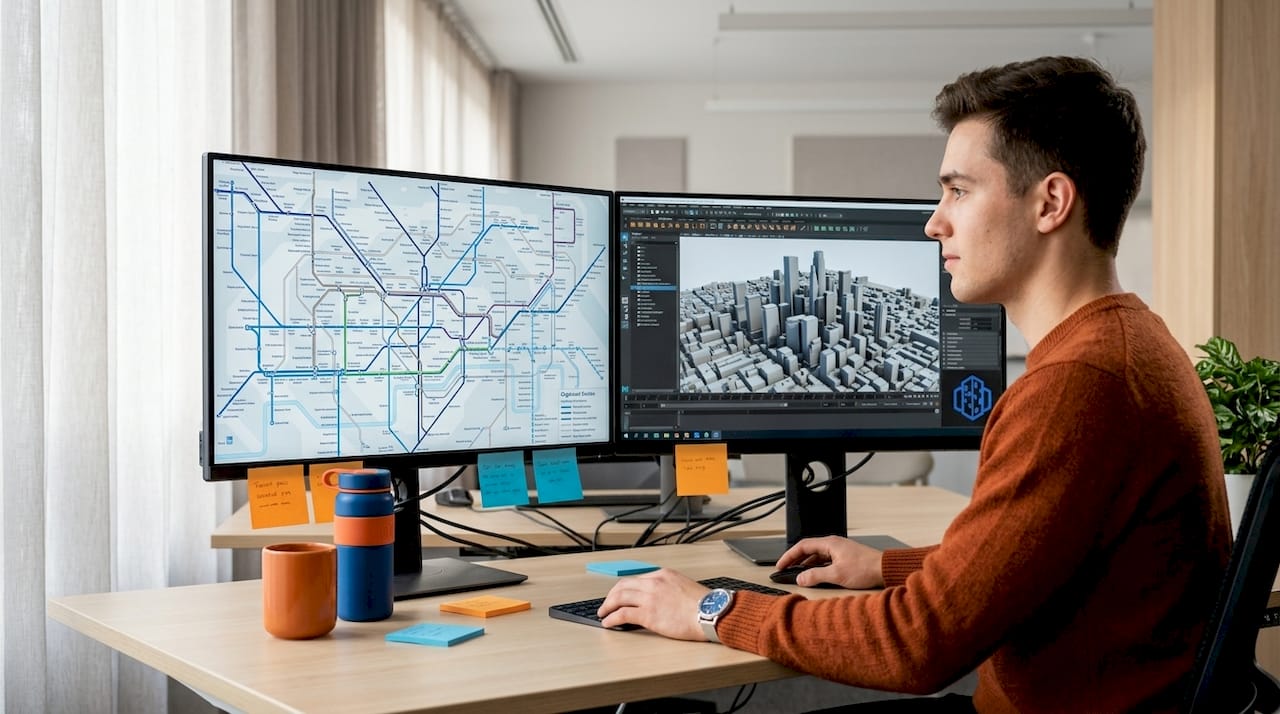 Person analyzes urban GIS data at workstation