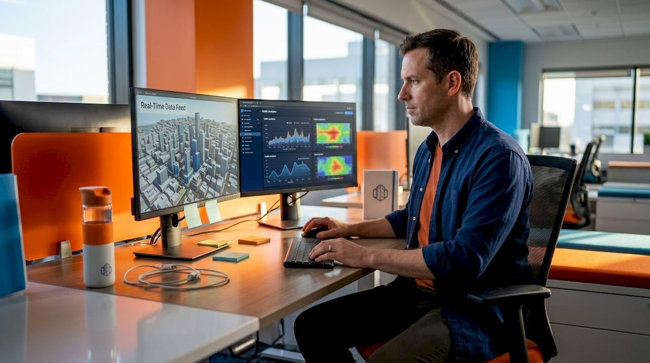 IT specialist updating city digital twin simulation