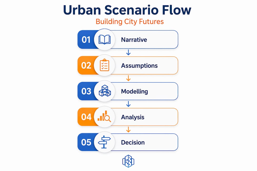 Infographic of urban scenario modelling steps flow
