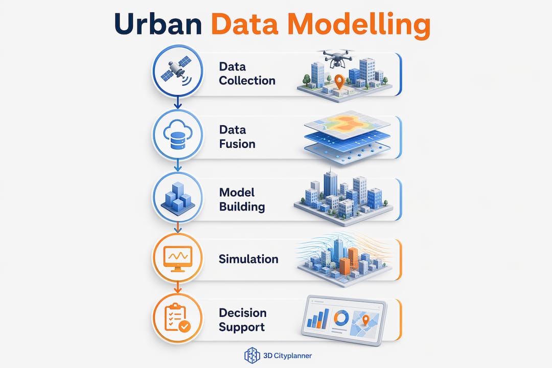 Infographic showing urban data modelling process steps