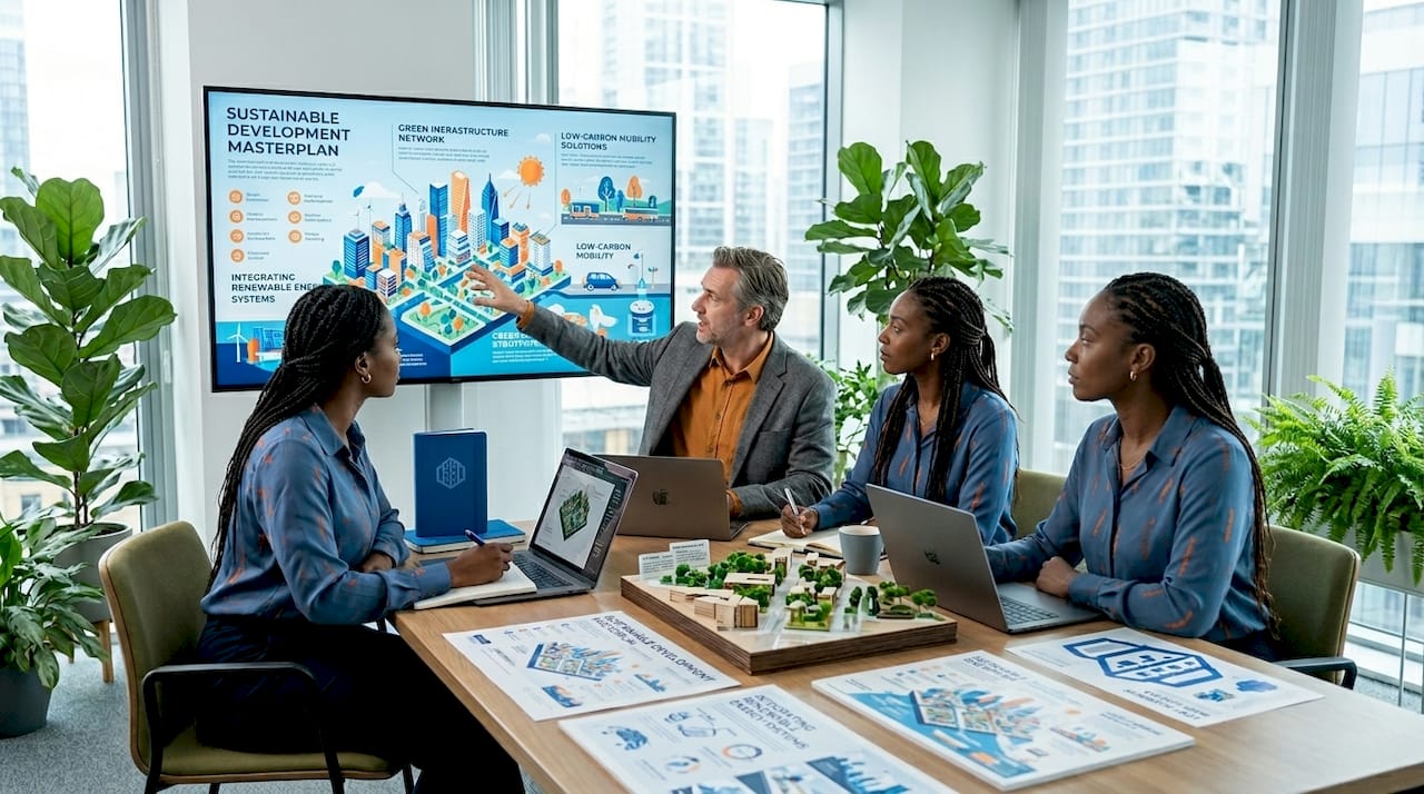 Professionals collaborating on sustainable urban design