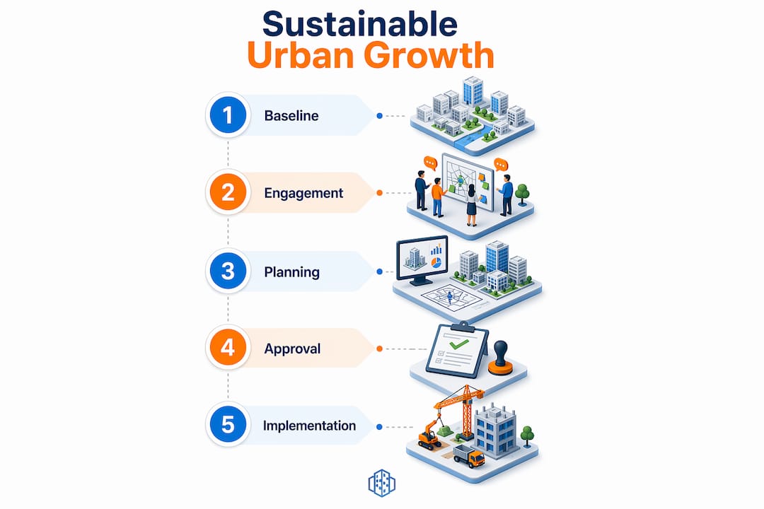 Infographic illustrating phased sustainable urban growth process