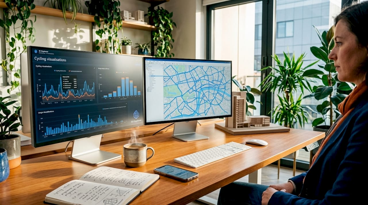 Workstation with cycling data and GIS maps