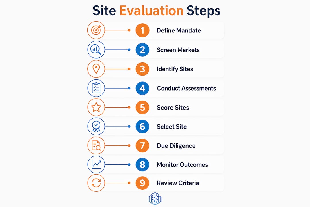 Infographic depicting nine sequential site evaluation steps