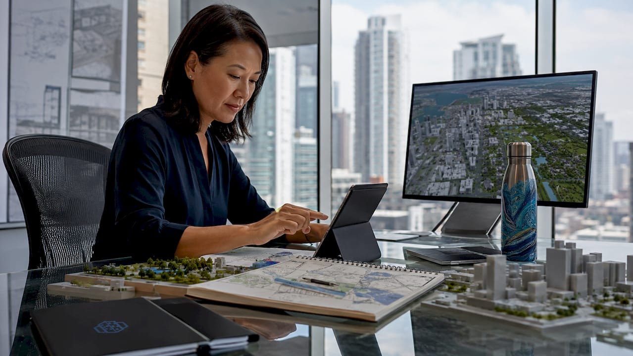 Urban planner working with digital twin models