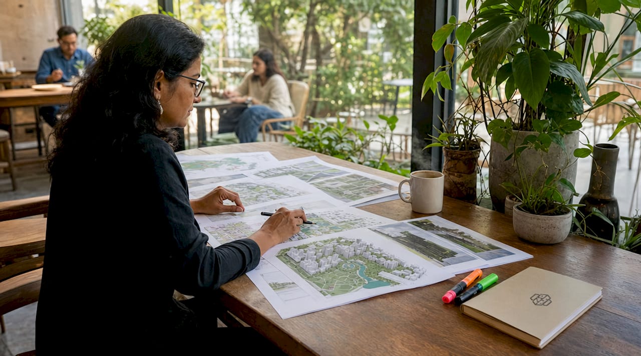 Urban planner typing on laptop in meeting room