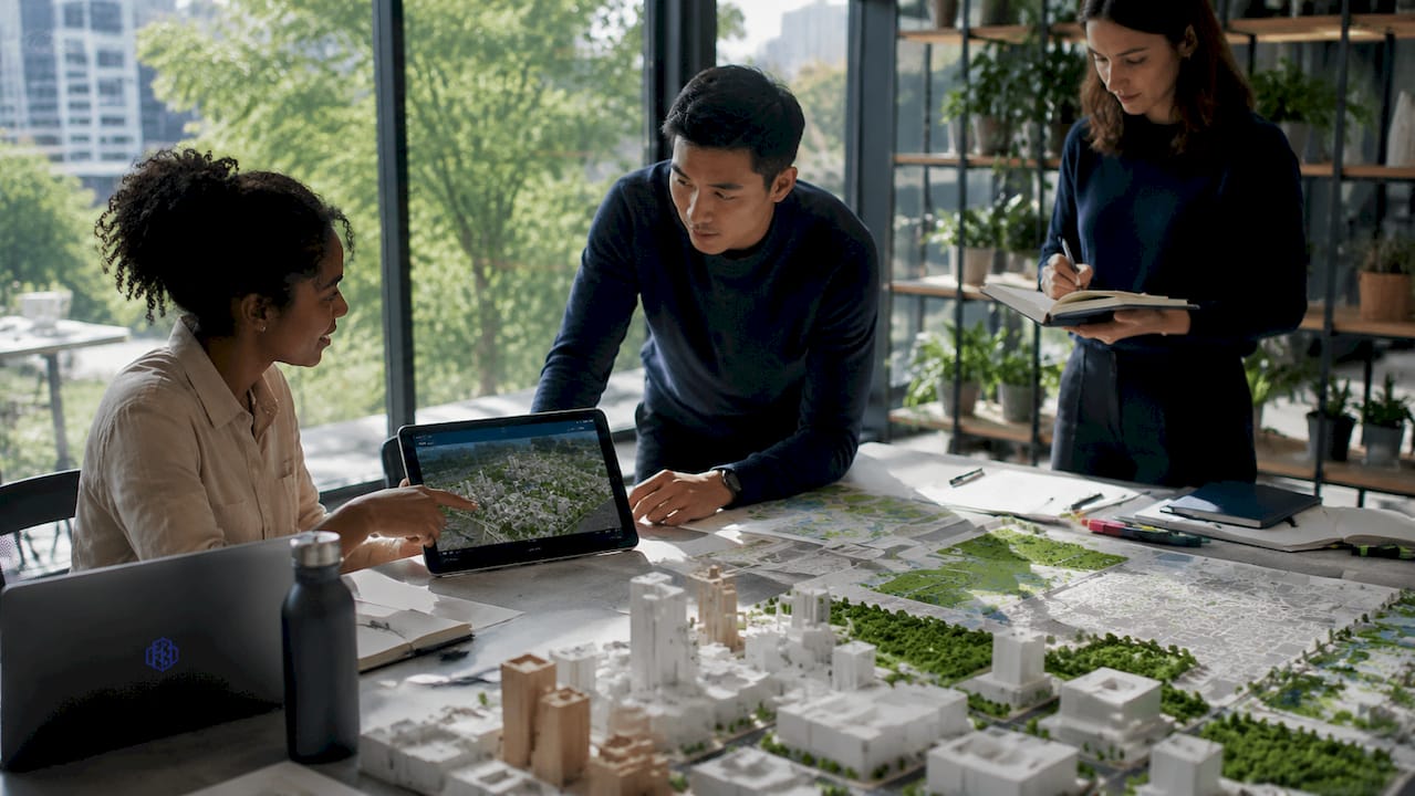 Team collaborating on 4D urban planning models