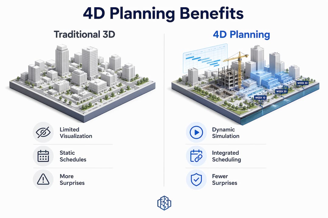 Infographic comparing traditional 3D and 4D planning benefits