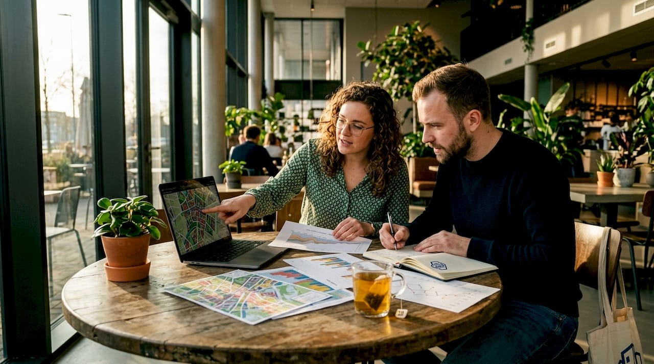 Two planners reviewing city maps and data