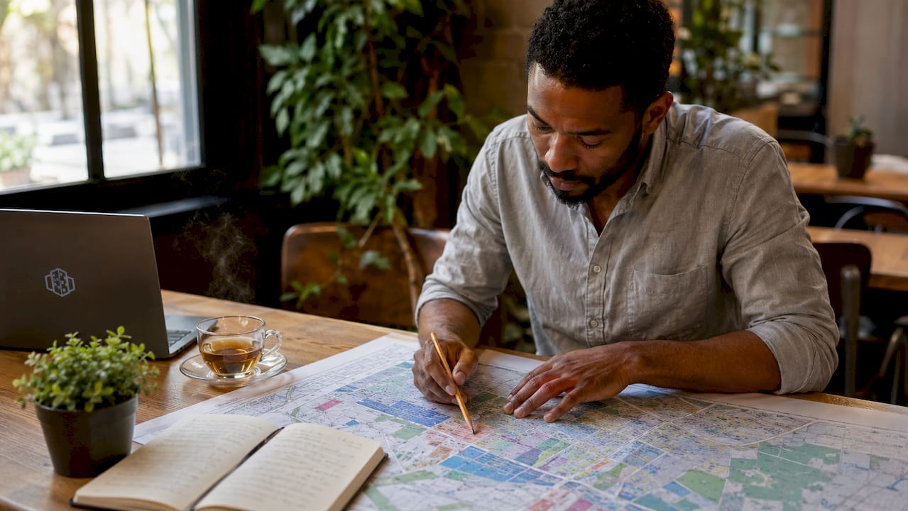 Urban planner reviewing printed zoning map at desk
