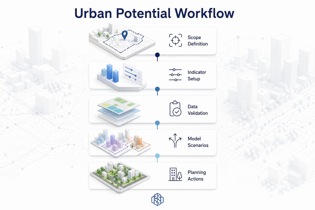 Infographic showing urban potential analysis workflow steps