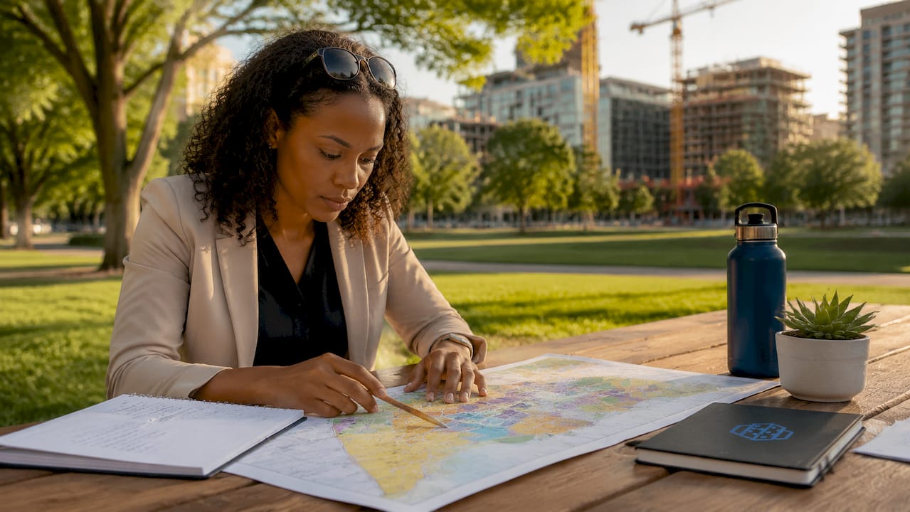 Professional reviewing zoning map at desk