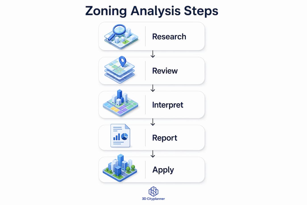 Infographic showing zoning analysis steps from research to application