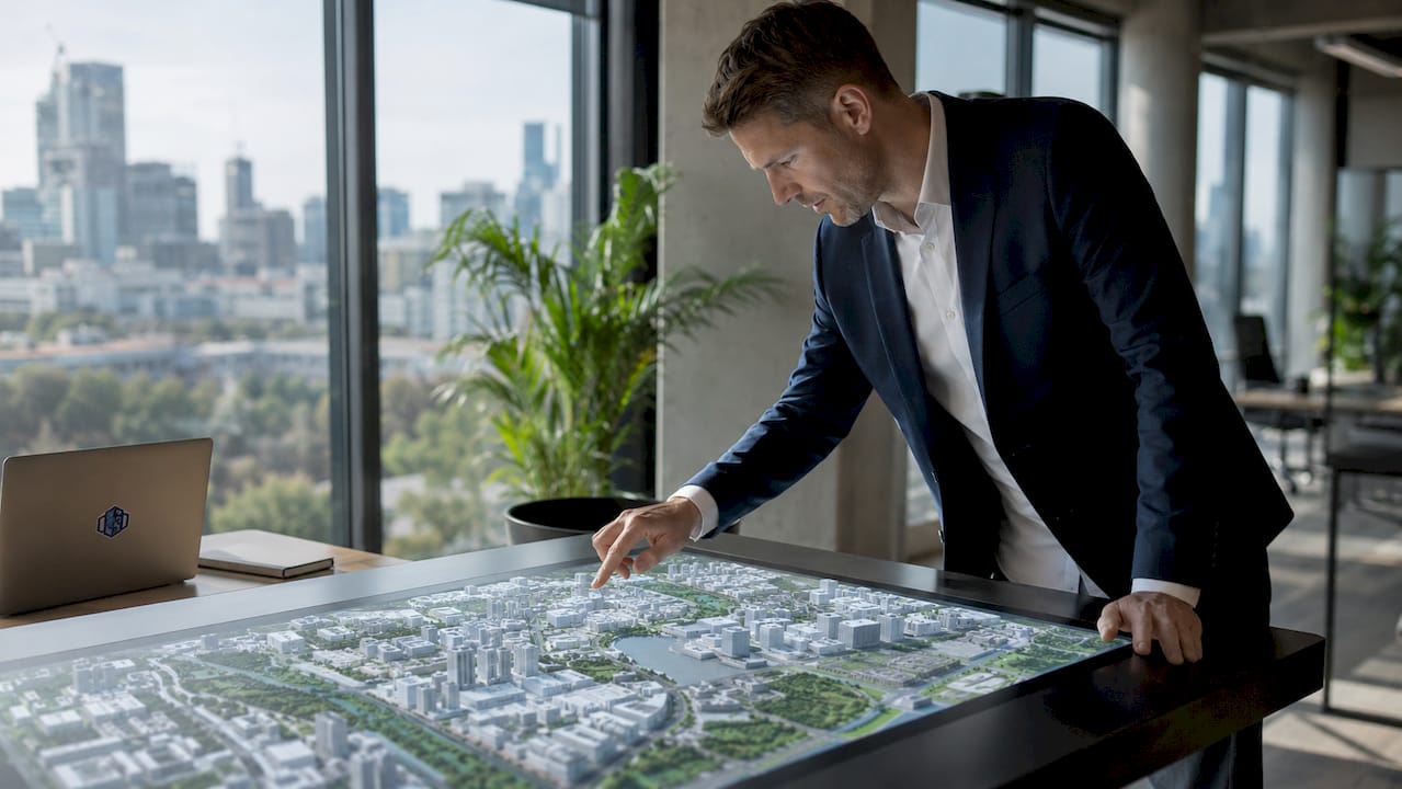 Urban planner reviewing 3D city model