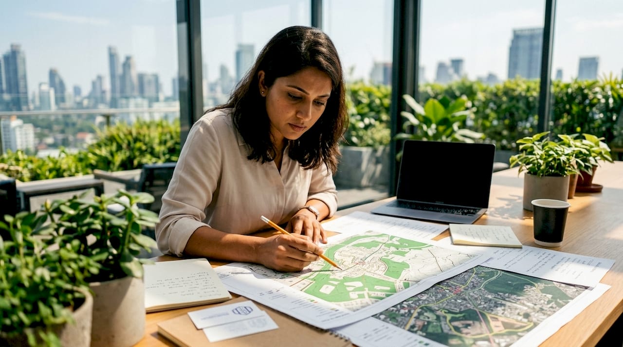 Urban planner reviewing green infrastructure plans