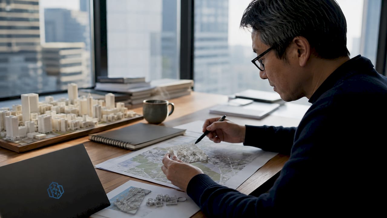 Planner reviewing 3D city mesh model at desk