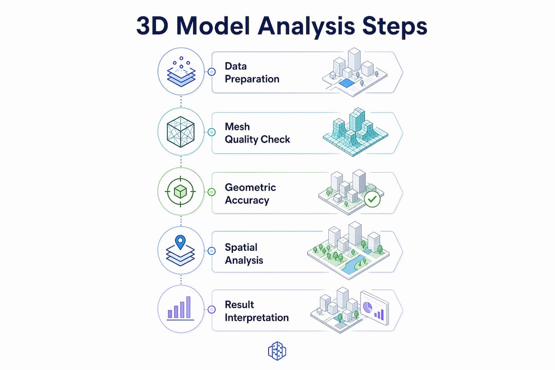 Infographic showing 3D model analysis workflow steps