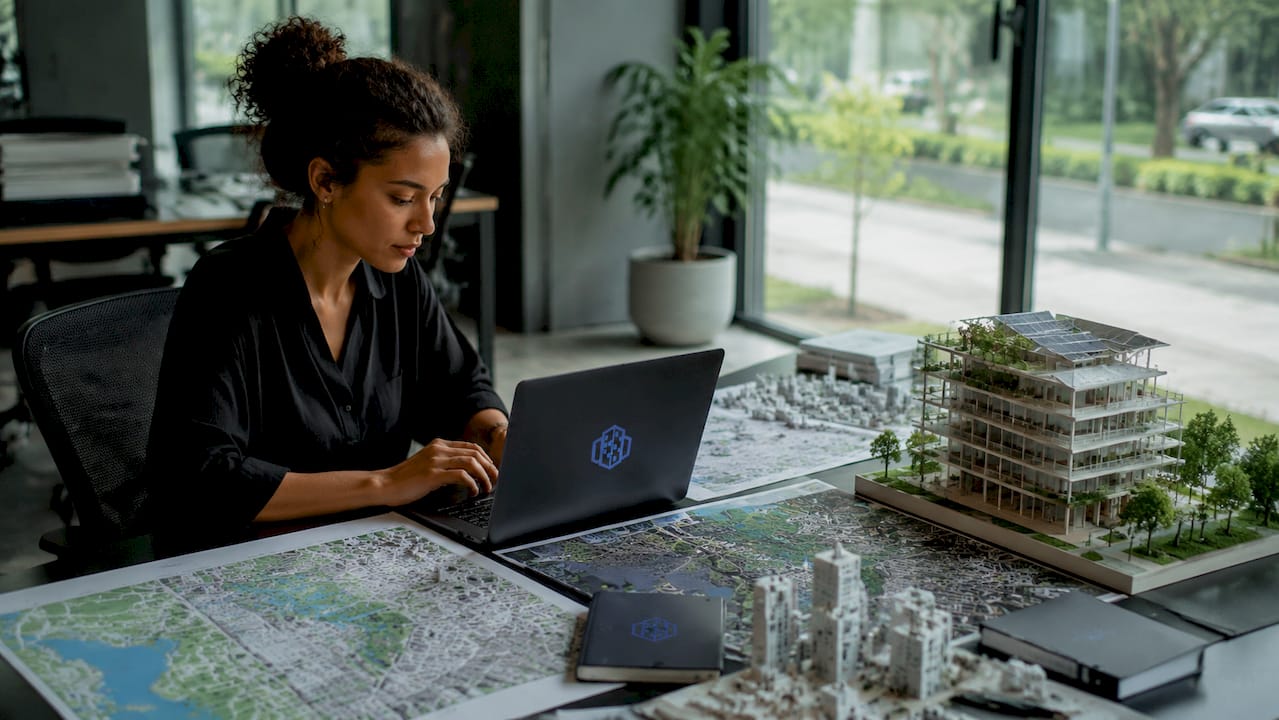 Urban planner reviewing energy models at desk