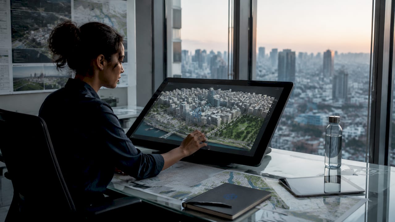 Urban planner reviewing 3D digital city model on screen