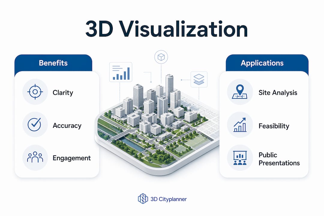 Infographic comparing benefits and applications of 3D visualization in urban planning