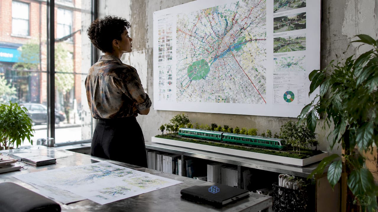 Urban planner working at desk with city maps and tablet