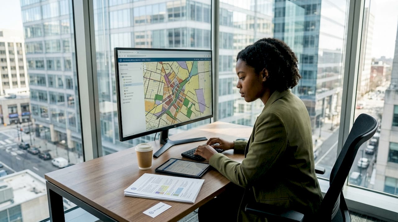 Planner using AI zoning map at city office