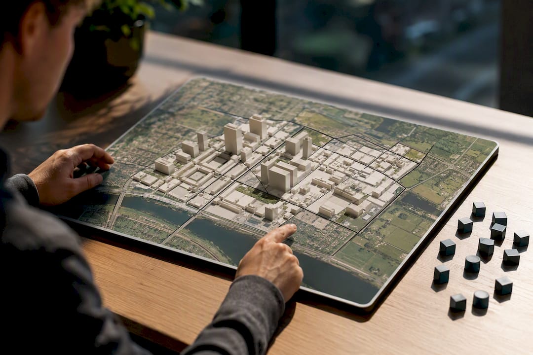 Rendered map layer beneath 3D city model