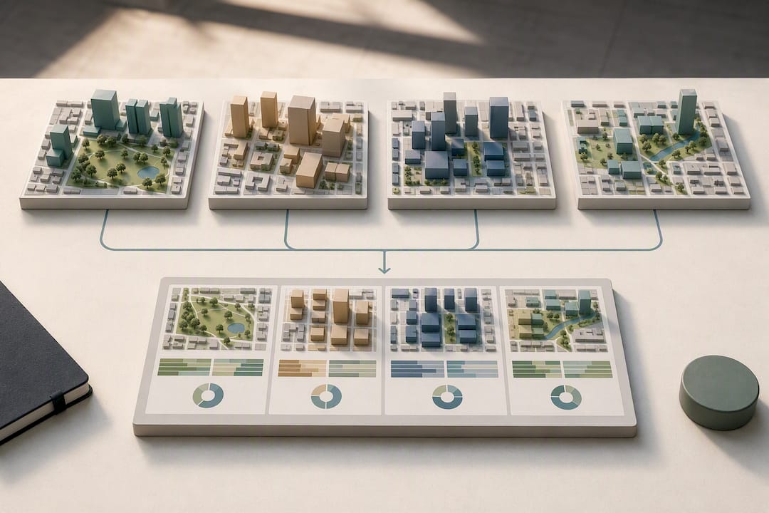 Four urban massing scenarios compared side by side