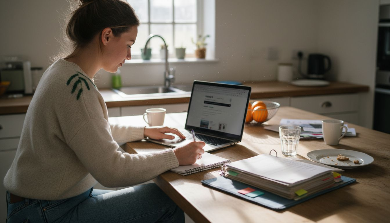 Vrouw controleert of haar webshop aan alle regels voldoet op haar laptop