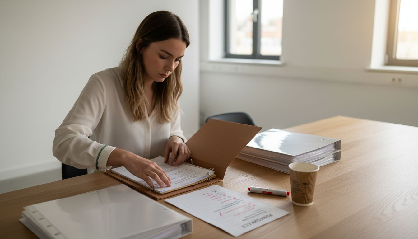 Vrouw werkt aan het samenstellen van het keuringsdossier voor haar webshop