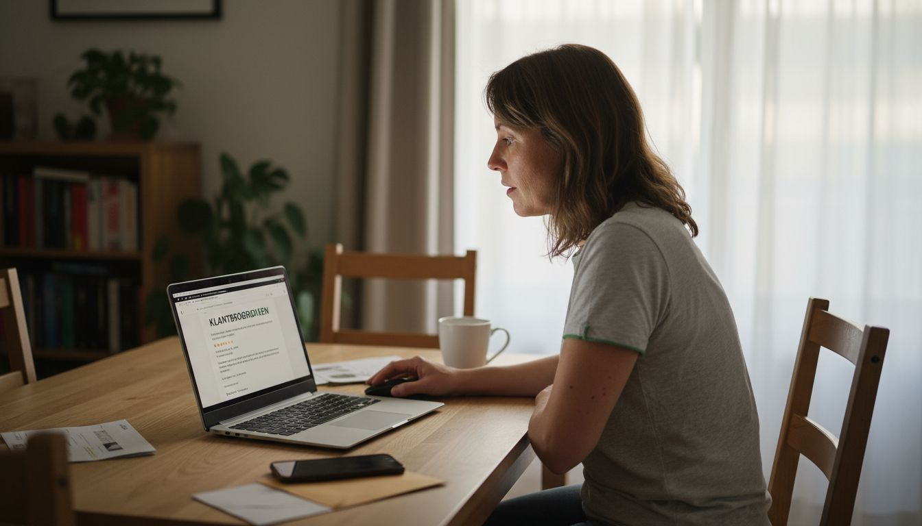 Een vrouw leest de reviews van andere klanten op een webshop.