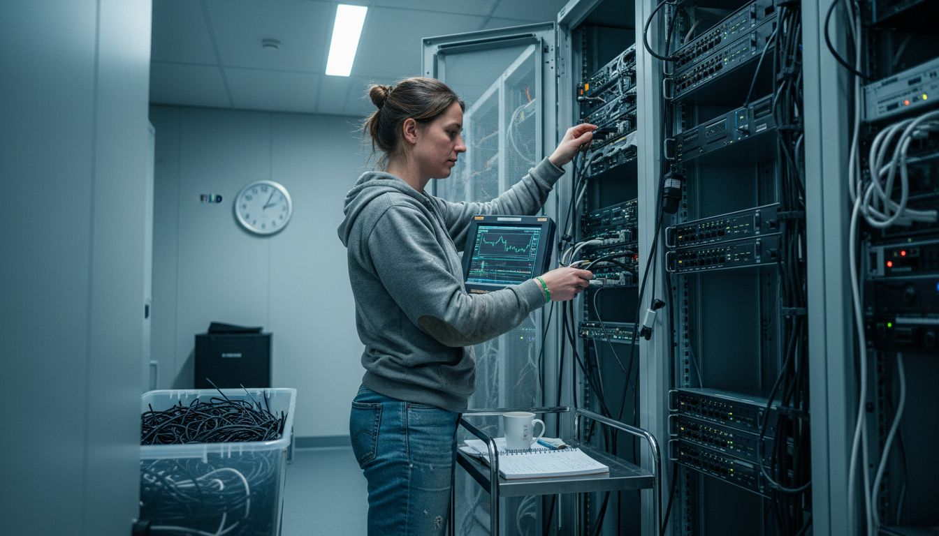 Een IT-specialist zorgt ervoor dat de firewall in het serverrek optimaal blijft werken.