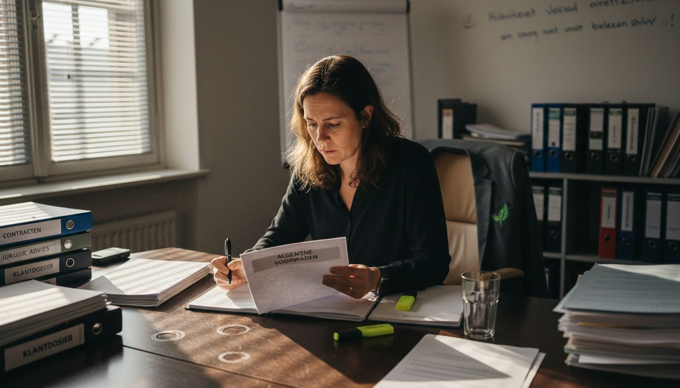Een juridisch adviseur buigt zich over de papieren voorwaarden aan tafel.