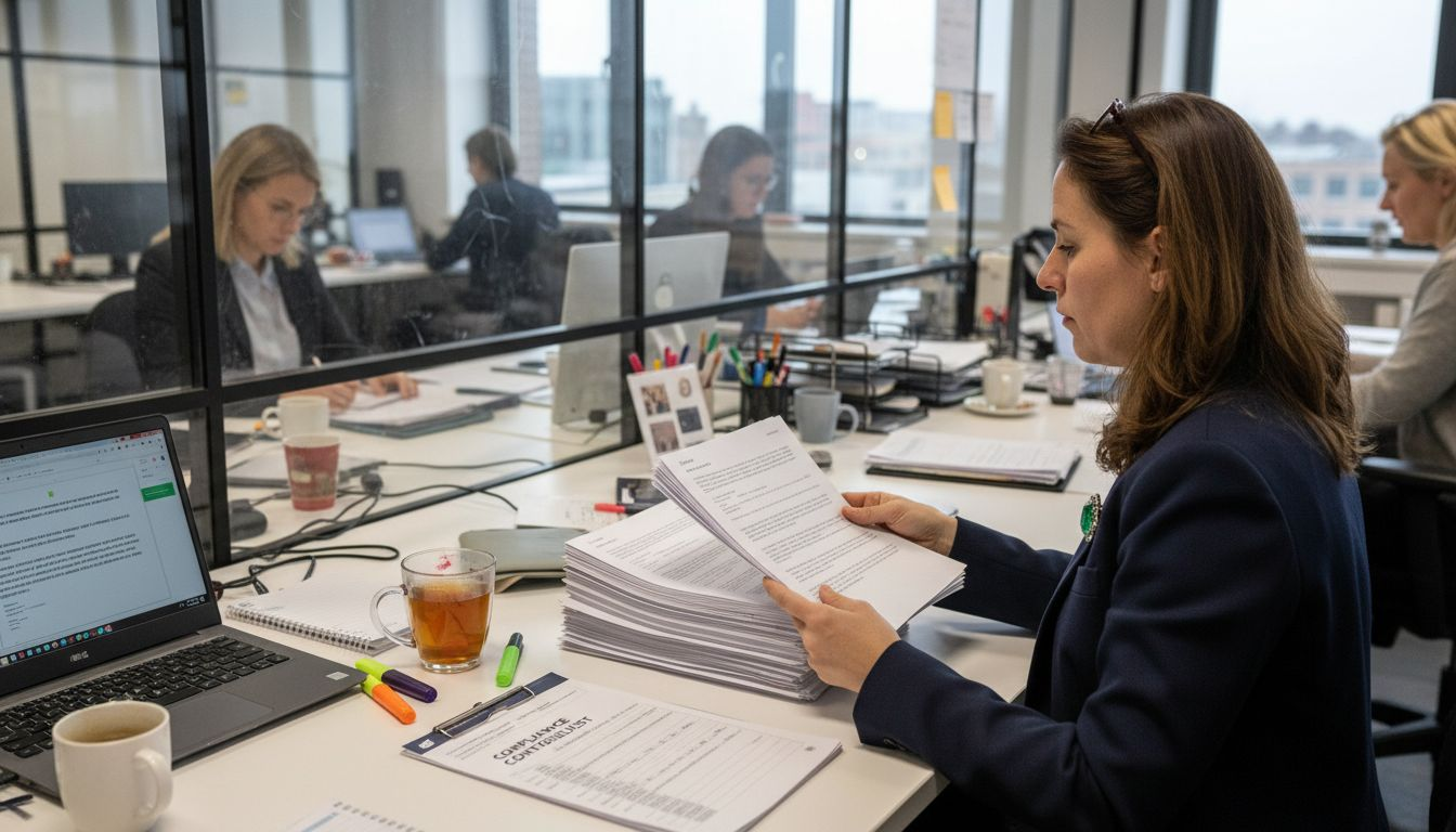 Juridisch adviseur controleert de documenten voor webwinkel compliance.