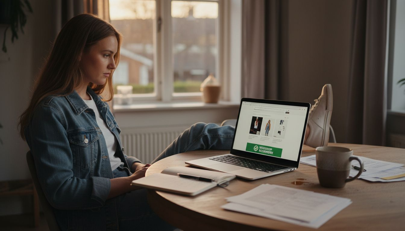 Een vrouw ziet het keurmerk verschijnen op het betaalscherm.