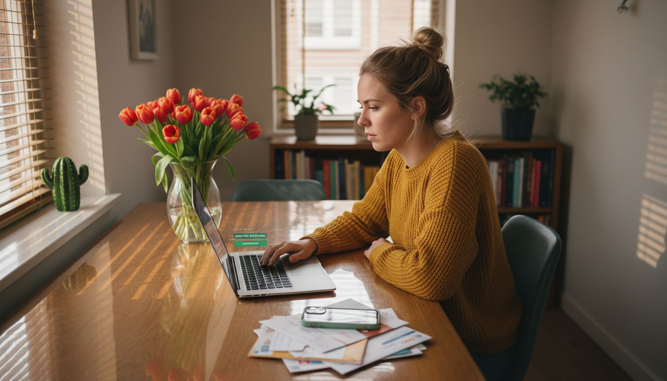 Vrouw twijfelt of ze haar online winkelmandje echt moet afrekenen