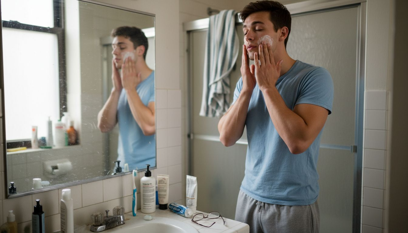 Man applying moisturizer in casual bathroom