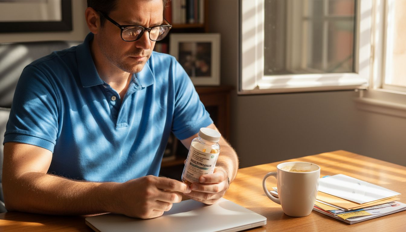 Man reading supplement label at home desk