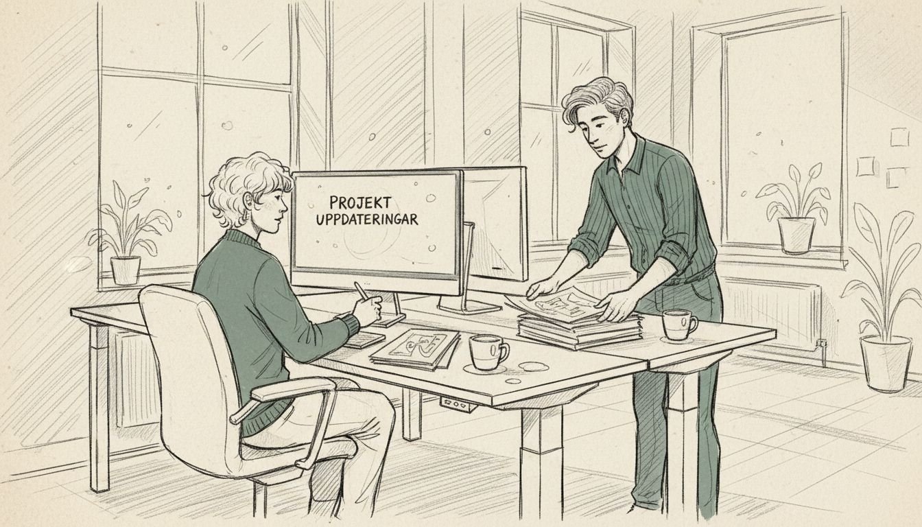 Två kollegor jobbar stående vid sina höj- och sänkbara skrivbord