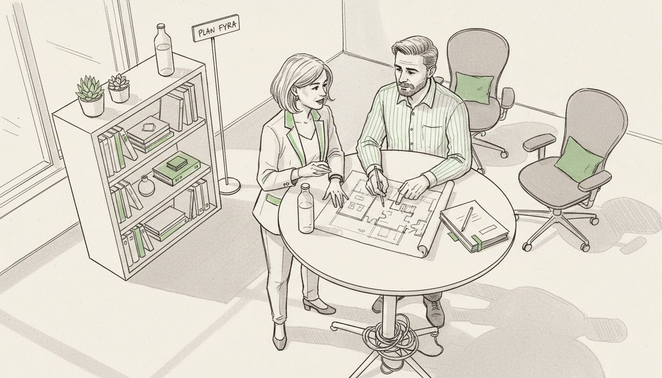 Två medarbetare står vid ett höj- och sänkbart skrivbord och diskuterar planeringen.