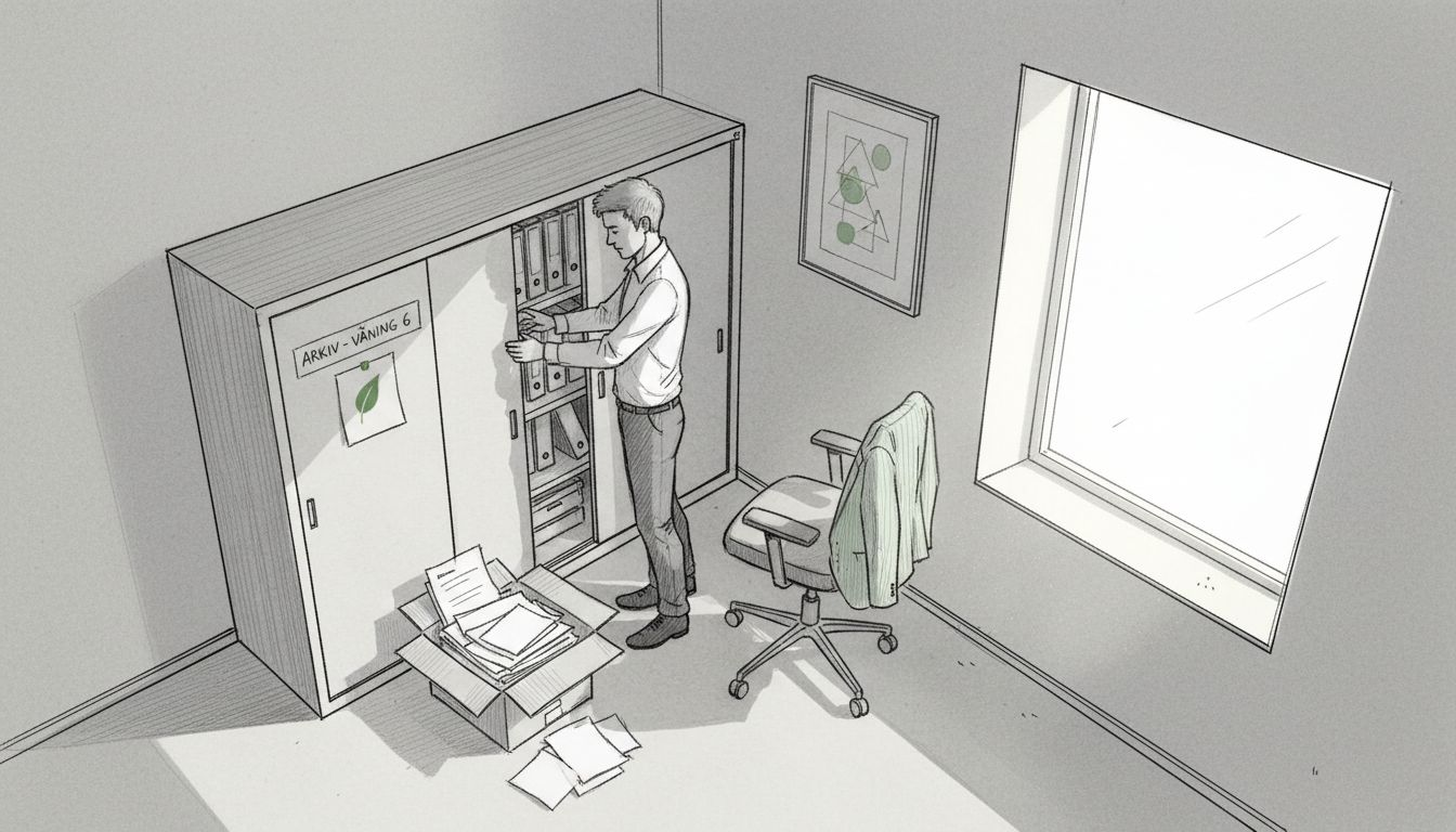 På kontoret använder personalen ett högt skåp med skjutdörrar för förvaring.