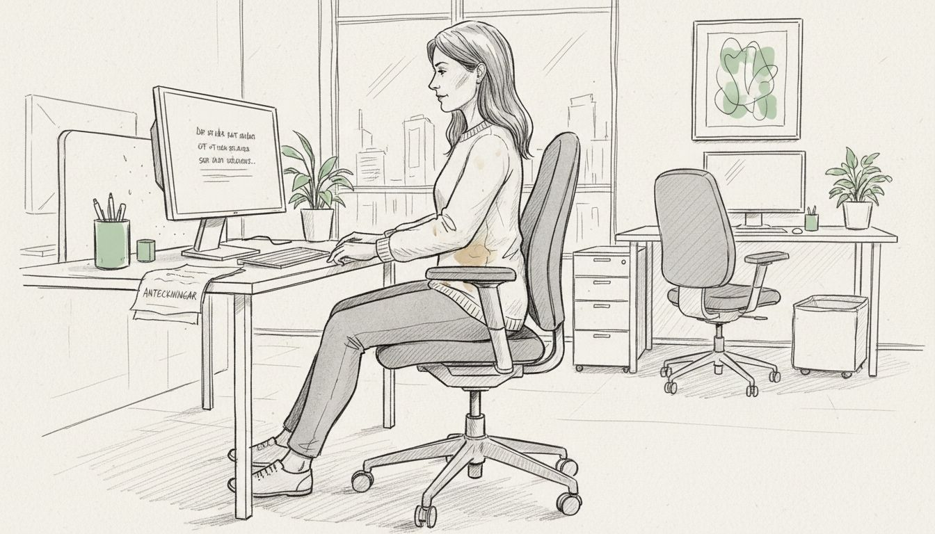 Kvinna ställer in sin ergonomiska stol och hittar en bekväm sittposition